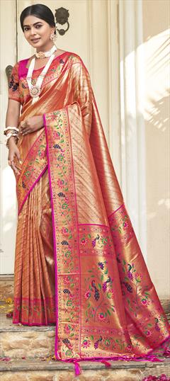 Party Wear, Traditional, Wedding Gold, Pink and Majenta color Saree in Silk fabric with South Printed, Weaving work : 1918600