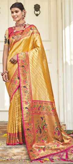 Party Wear, Traditional, Wedding Gold color Saree in Silk fabric with South Printed, Weaving work : 1918601