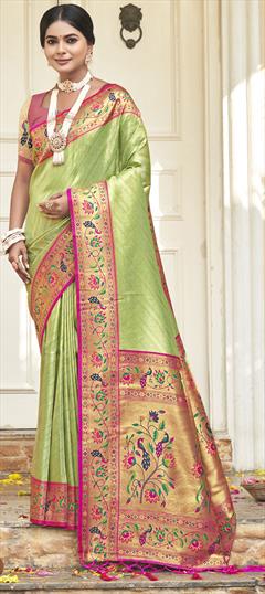 Party Wear, Traditional, Wedding Green color Saree in Silk fabric with South Printed, Weaving work : 1918605