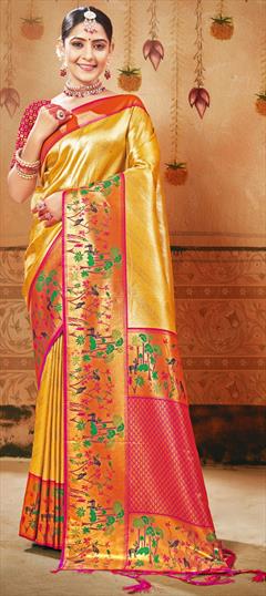 Party Wear, Traditional, Wedding Gold, Pink and Majenta color Saree in Silk fabric with South Weaving, Zari work : 1918740