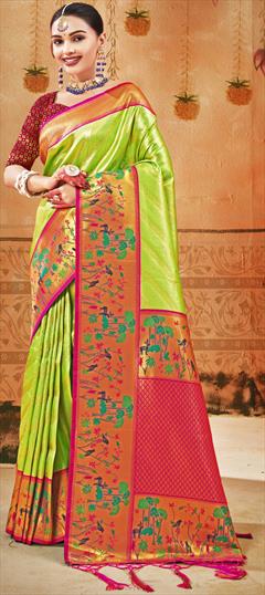 Party Wear, Traditional, Wedding Green, Pink and Majenta color Saree in Silk fabric with South Weaving, Zari work : 1918741