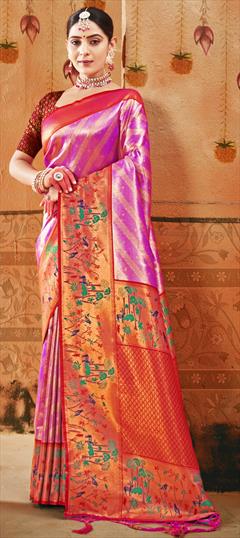 Party Wear, Traditional, Wedding Pink and Majenta color Saree in Silk fabric with South Weaving, Zari work : 1918742