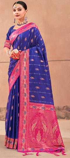 Festive, Traditional Blue color Saree in Banarasi Silk fabric with South Border, Embroidered, Weaving, Zari work : 1918751