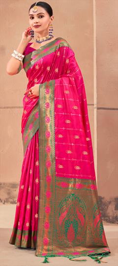 Festive, Traditional Pink and Majenta color Saree in Banarasi Silk fabric with South Border, Embroidered, Weaving, Zari work : 1918752
