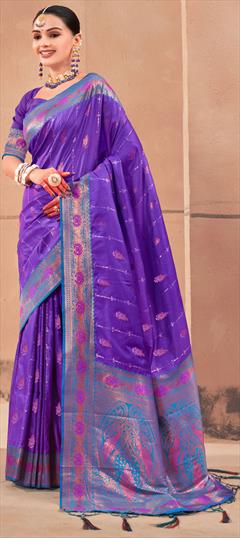 Festive, Traditional Purple and Violet color Saree in Banarasi Silk fabric with South Border, Embroidered, Weaving, Zari work : 1918756