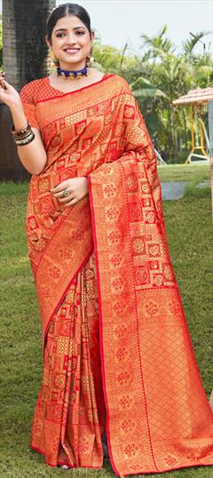 Festive, Traditional Orange color Saree in Kanjeevaram Silk fabric with South Weaving, Zari work : 1918791