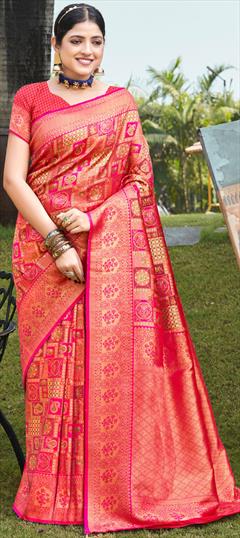 Festive, Traditional Pink and Majenta color Saree in Kanjeevaram Silk fabric with South Weaving, Zari work : 1918793