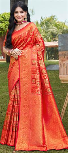 Festive, Traditional Orange color Saree in Kanjeevaram Silk fabric with South Weaving, Zari work : 1918794