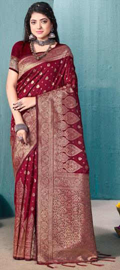 Festive, Traditional Red and Maroon color Saree in Banarasi Silk fabric with South Weaving, Zari work : 1918814