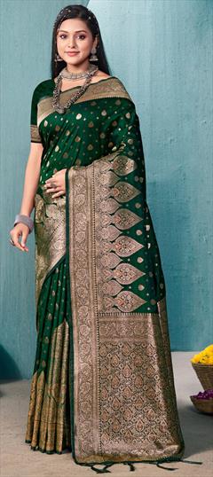 Festive, Traditional Green color Saree in Banarasi Silk fabric with South Weaving, Zari work : 1918816