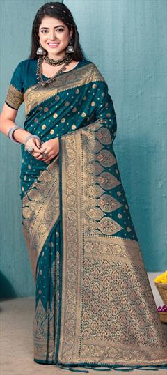 Festive, Traditional Blue color Saree in Banarasi Silk fabric with South Weaving, Zari work : 1918817