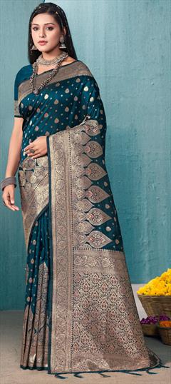 Festive, Traditional Blue color Saree in Banarasi Silk fabric with South Weaving, Zari work : 1918819