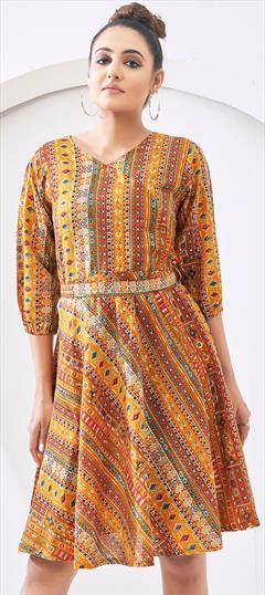 Festive Beige and Brown color Kurti in Cotton fabric with Anarkali Printed work : 1918840
