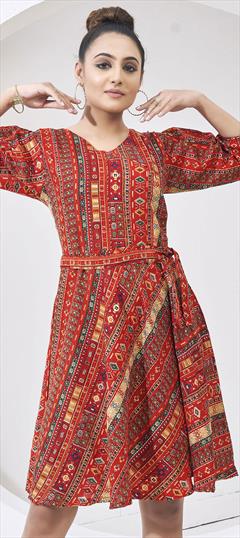 Festive Red and Maroon color Kurti in Cotton fabric with Anarkali, Long Sleeve Printed work : 1918844