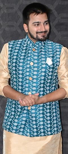 Party Wear Blue color Nehru Jacket in Silk fabric with Embroidered, Thread work : 1918884