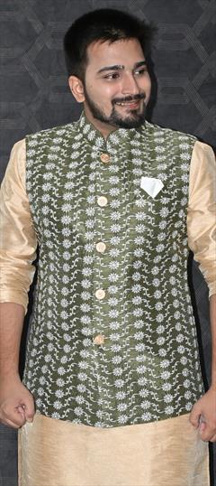 Party Wear Green color Nehru Jacket in Silk fabric with Embroidered, Thread work : 1918885