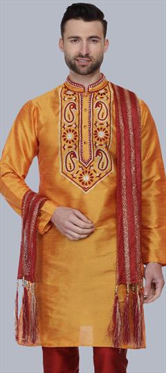 Party Wear Orange color Kurta in Dupion Silk fabric with Embroidered work : 1918935