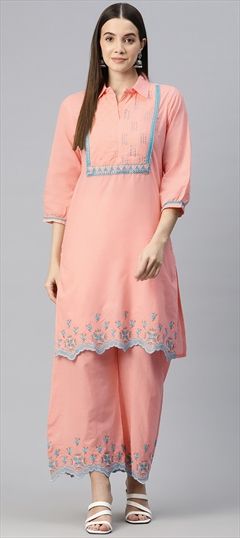 Party Wear, Summer Pink and Majenta color Salwar Kameez in Cotton fabric with Straight Resham, Thread, Zari work : 1918950