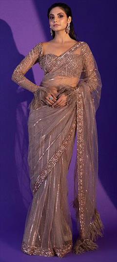 Festive, Party Wear, Reception Beige and Brown color Saree in Net fabric with Classic Sequence, Thread work : 1919005