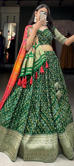 Bridal, Wedding Green color Lehenga in Viscose fabric with Flared Printed, Weaving, Zari work : 1919033