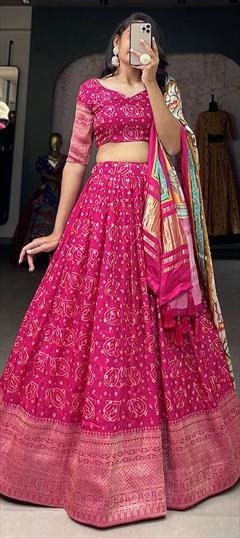 Bridal, Wedding Pink and Majenta color Lehenga in Viscose fabric with Flared Printed, Weaving, Zari work : 1919036