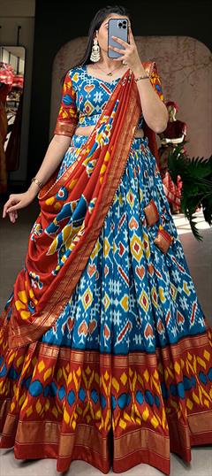 Festive, Party Wear, Reception Blue color Lehenga in Tussar Silk fabric with Flared Foil Print work : 1919042