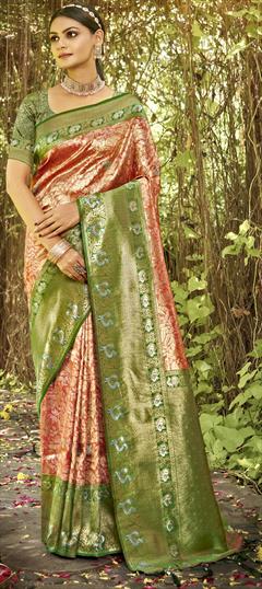 Party Wear, Traditional Pink and Majenta color Saree in Kanjeevaram Silk fabric with South Weaving, Zari work : 1919048