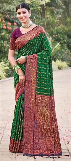 Party Wear, Traditional Green color Saree in Banarasi Silk fabric with South Weaving, Zari work : 1919059