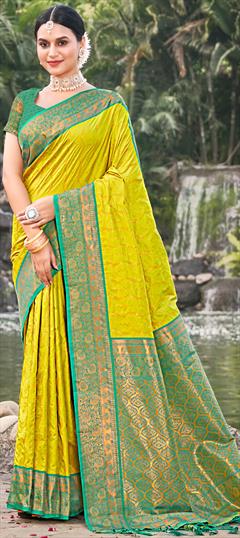 Party Wear, Traditional Yellow color Saree in Banarasi Silk fabric with South Weaving, Zari work : 1919063