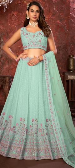 Bridal, Engagement, Wedding Blue color Lehenga in Faux Georgette fabric with Flared Embroidered, Sequence, Stone work : 1919082