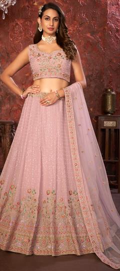 Bridal, Engagement, Wedding Pink and Majenta color Lehenga in Faux Georgette fabric with Flared Embroidered, Sequence, Stone work : 1919083
