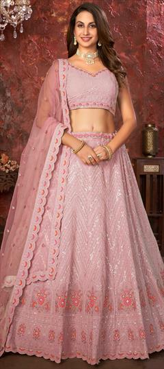 Bridal, Engagement, Wedding Pink and Majenta color Lehenga in Faux Georgette fabric with Flared Embroidered, Sequence, Stone work : 1919084