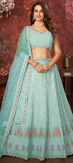 Bridal, Engagement, Wedding Blue color Lehenga in Faux Georgette fabric with Flared Embroidered, Sequence, Stone work : 1919085