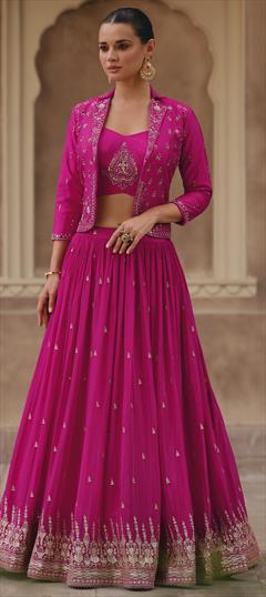 Festive, Mehendi Sangeet, Wedding Pink and Majenta color Ready to Wear Lehenga in Art Silk fabric with Flared Embroidered, Thread work : 1919088