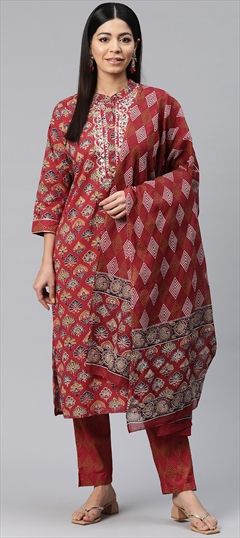 Festive, Summer Red and Maroon color Salwar Kameez in Cotton fabric with Straight Floral, Printed, Thread, Zari work : 1919093
