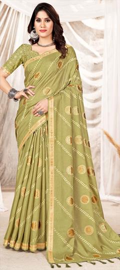 Party Wear, Traditional Green color Saree in Silk fabric with South Foil Print, Printed, Swarovski, Weaving work : 1919100