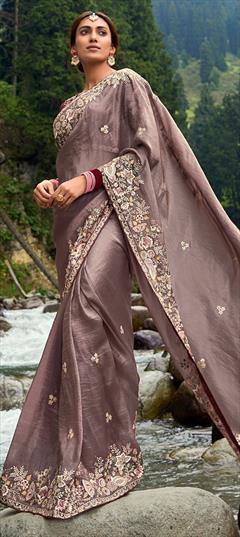 Bridal, Traditional, Wedding Beige and Brown color Saree in Silk fabric with South Embroidered, Resham, Sequence, Zari work : 1919241