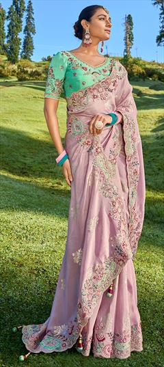 Bridal, Traditional, Wedding Pink and Majenta color Saree in Jacquard, Silk fabric with South Embroidered, Resham, Sequence, Zari work : 1919250