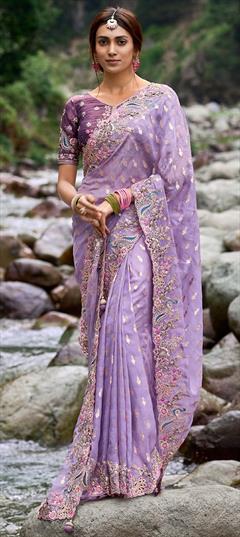 Bridal, Traditional, Wedding Purple and Violet color Saree in Jacquard, Silk fabric with South Embroidered, Resham, Sequence, Zari work : 1919251