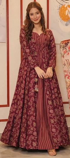 Party Wear Red and Maroon color Gown in Muslin fabric with Digital Print work : 1919287
