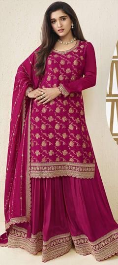 Engagement, Reception, Wedding Pink and Majenta color Salwar Kameez in Silk fabric with Palazzo, Straight Embroidered, Thread, Zari work : 1919307