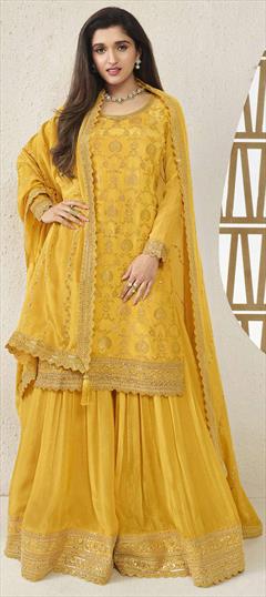 Engagement, Reception, Wedding Yellow color Salwar Kameez in Silk fabric with Palazzo, Straight Embroidered, Thread, Zari work : 1919309