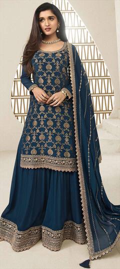 Engagement, Reception, Wedding Blue color Salwar Kameez in Silk fabric with Palazzo, Straight Embroidered, Thread, Zari work : 1919312
