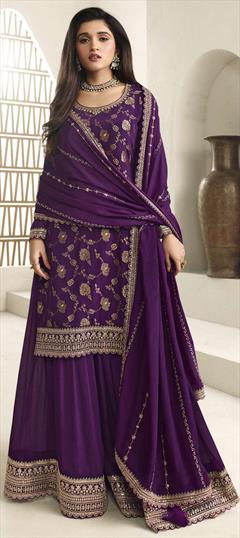 Engagement, Reception, Wedding Purple and Violet color Salwar Kameez in Silk fabric with Palazzo, Straight Embroidered, Thread, Zari work : 1919314