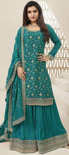 Engagement, Reception, Wedding Blue color Salwar Kameez in Silk fabric with Palazzo, Straight Embroidered, Thread, Zari work : 1919315