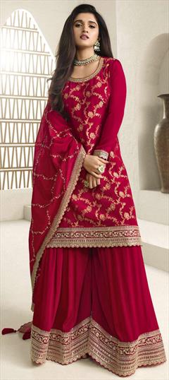 Engagement, Reception, Wedding Red and Maroon color Salwar Kameez in Silk fabric with Palazzo, Straight Embroidered, Thread, Zari work : 1919316