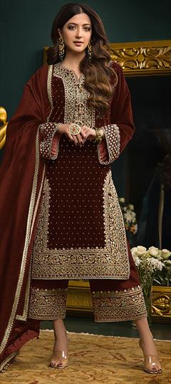 Festive, Reception, Wedding Red and Maroon color Salwar Kameez in Velvet fabric with Pakistani, Straight Embroidered, Sequence, Stone, Zari work : 1919322