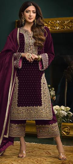 Festive, Reception, Wedding Purple and Violet color Salwar Kameez in Velvet fabric with Pakistani, Straight Embroidered, Sequence, Stone, Zari work : 1919323