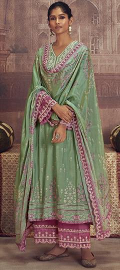 Festive, Party Wear, Reception Green color Salwar Kameez in Muslin fabric with A Line, Palazzo Embroidered, Sequence, Thread, Zari work : 1919354
