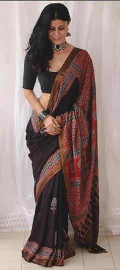 Casual, Traditional Black and Grey color Saree in Cotton fabric with Bengali Digital Print work : 1919371
